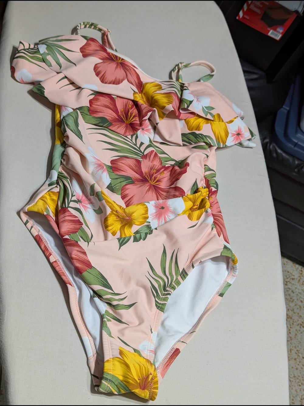 Kona Sol Pink Tropical One-Piece Swimsuit with Yellow & Coral Flowers
